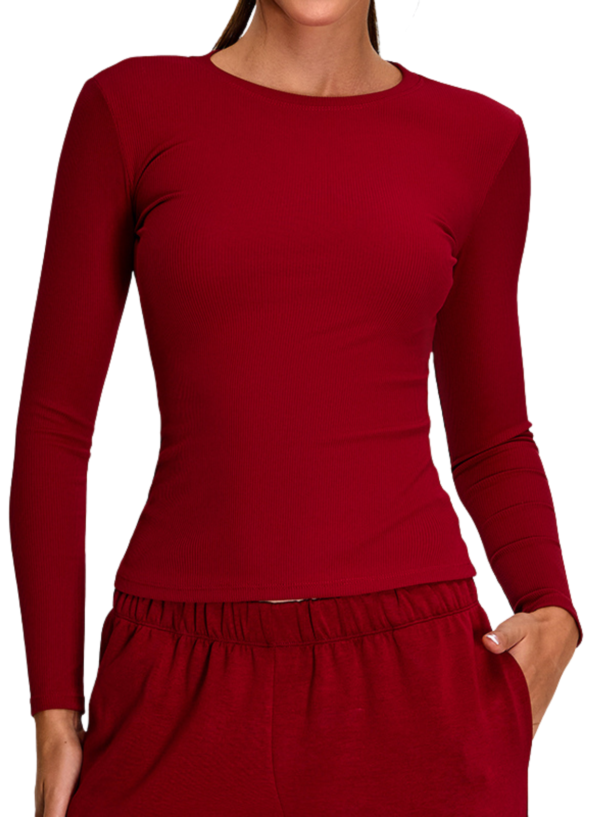 Crew Neck Top Long Sleeves - Urban Ease - Twilight Red - OHFIT