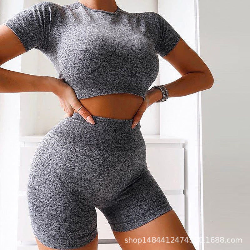Thickened version! Seamless knitting fitness exercise short sleeve shorts yoga clothing fitness suit