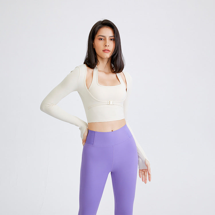 Yoga Suit with Chest Cushion Sexy Running and Sports T-shirt Long Sleeved Quick Drying Fitness Suit Top for External Wear